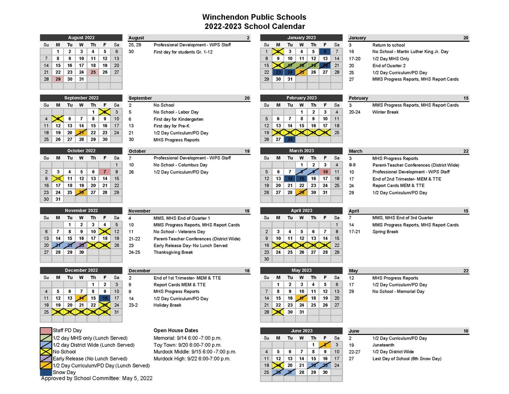 Updated 22-23 District Calendar | Winchendon Public Schools