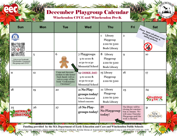 CFCE December Playgroup Calendar